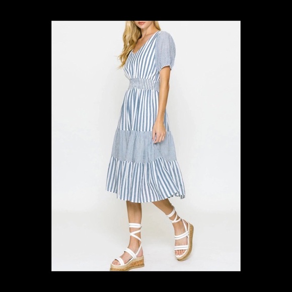 Blue & white vertical stripe midi dress by Koo de Ker seen on the Food Nanny - Picture 2 of 3